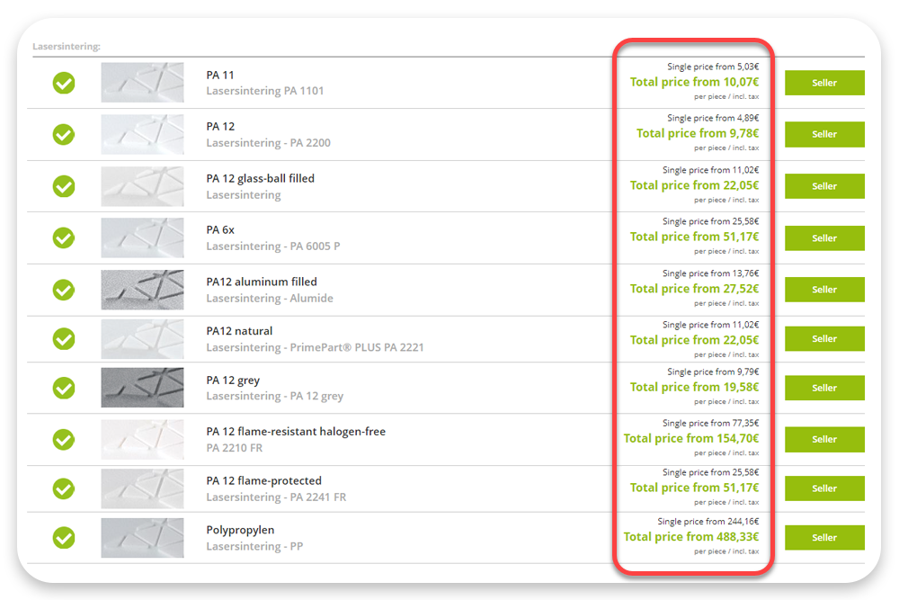 Screenshot of protiq.com: Automatic price calculation in the configurator